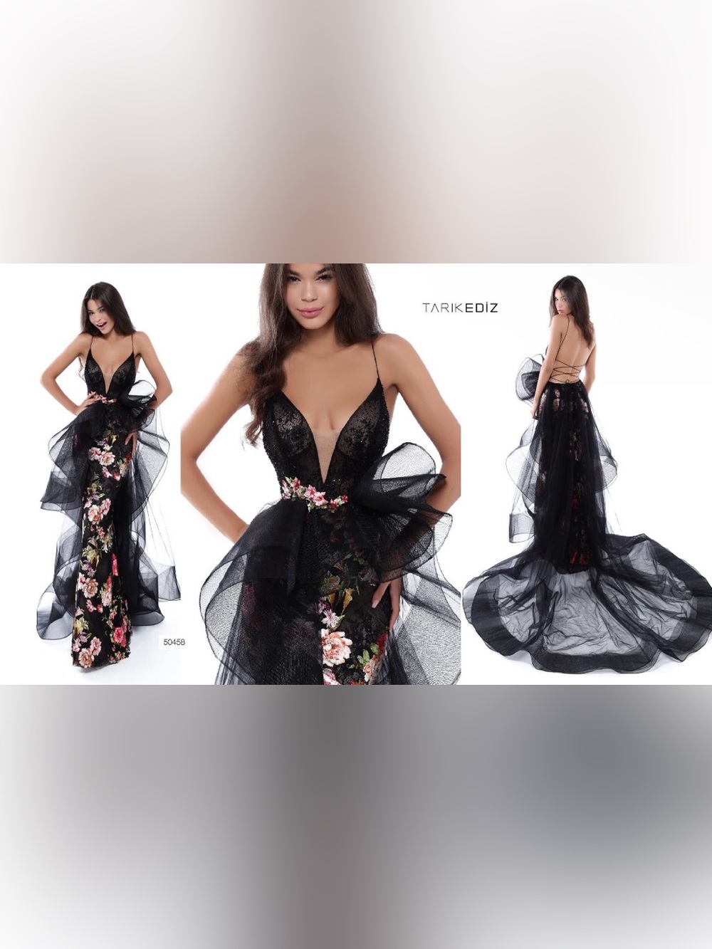Tarik Ediz Black Floral Lace Strapless Evening Gown